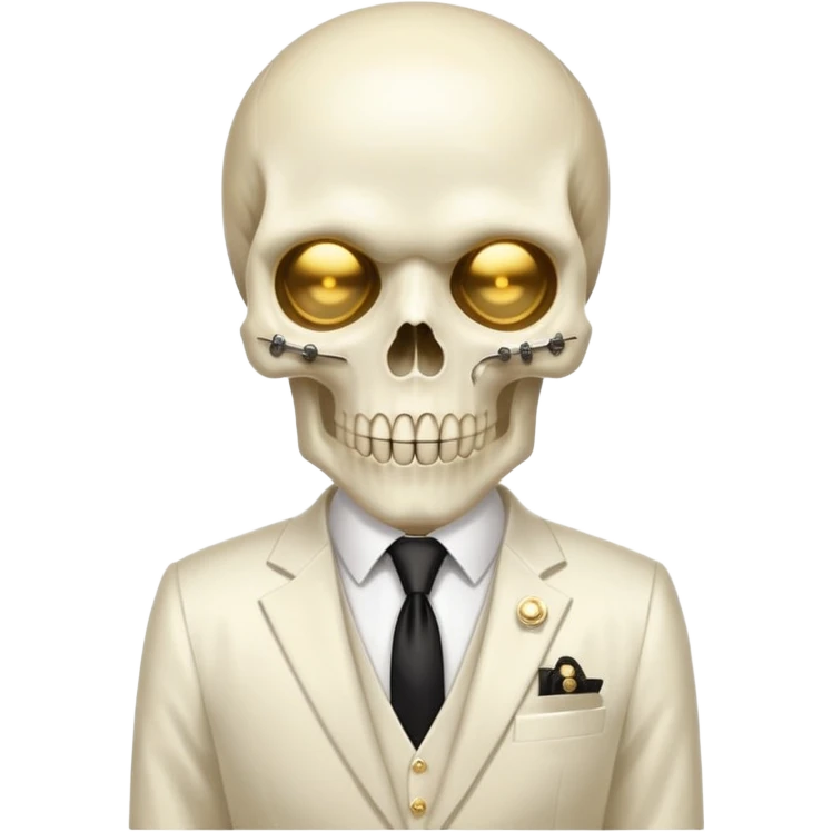 aesthetic shiny glowing divine lighting - Megadeth icon - a politician in an ivory ethereal suit wears a white tie, has a skull instead of a head, and instead of glasses, has a metal plate with screws over his eyes emoji