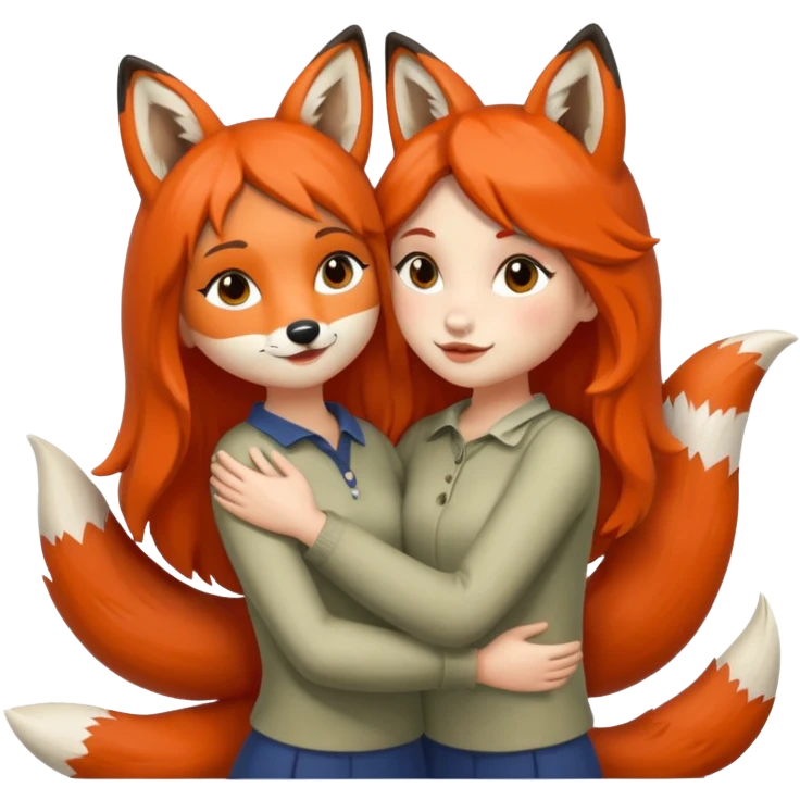 2 girls humans with fox heads hugging friendship forest emoji