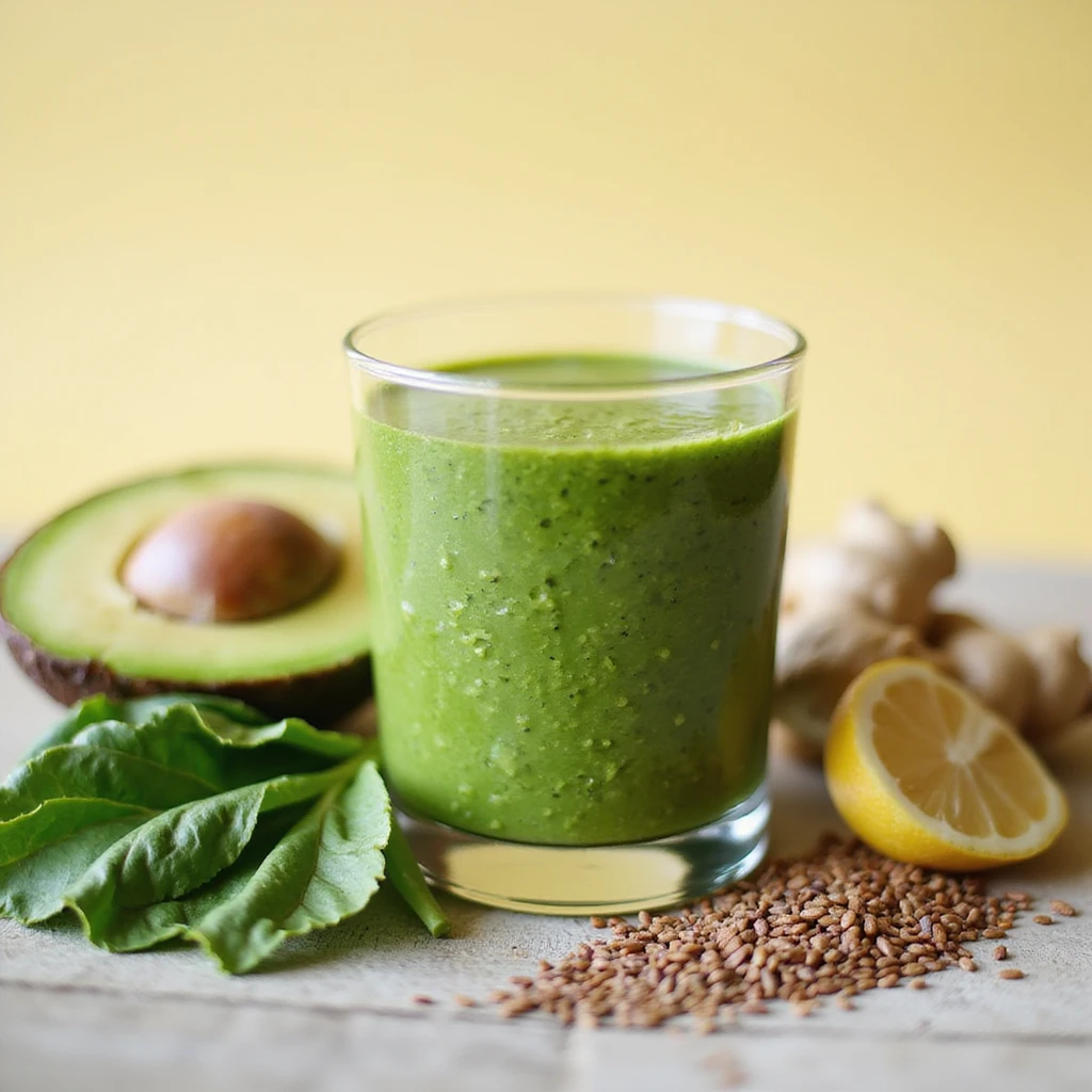 green smoothie in a transparent glass, visible ingredients next to it: spinach, avocado, ginger, flax seeds, lemon, healthy atmosphere, realistic details, bright background emoji