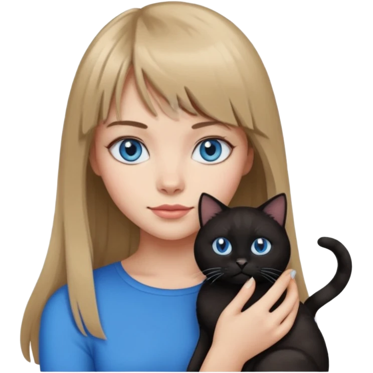 Apple-style emoji sticker of a young woman with long dark blond hair and bang, blue eyes , holding a cat black and white emoji
