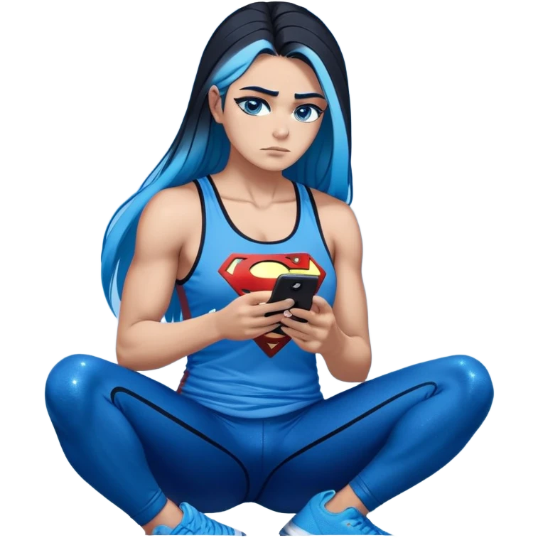 Shameful disappointed crying-very very very very big chest-texting on a samsung cell phone-very long straight flowing black to sky blue hair ombre-blue eyes-black eyeliner-long eyelashes-plastic sparkling sky blue very low cut tank top with sparkling superman logo-black leggings-nike sneakers emoji