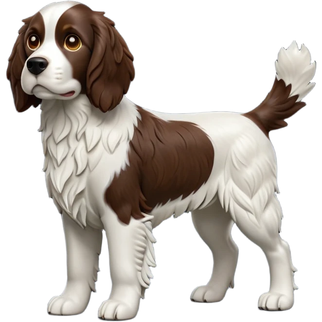 cinematic-[Springer Spaniel]-realistic-full-body-standing-emoji,-tail-resting-loosely-beside-its-paws,-head-tilted-dramatically, -scruffy-[brown and white]-fur,-simplified-yet-realistic-focused-features,-highly-detailed,-glowing-with-an-almost-sarcastic-glow emoji