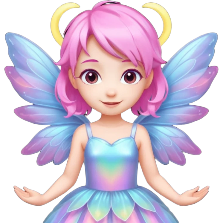 A tiny pastel fairy with pink hair with glowing wings and a sweet smile  emoji