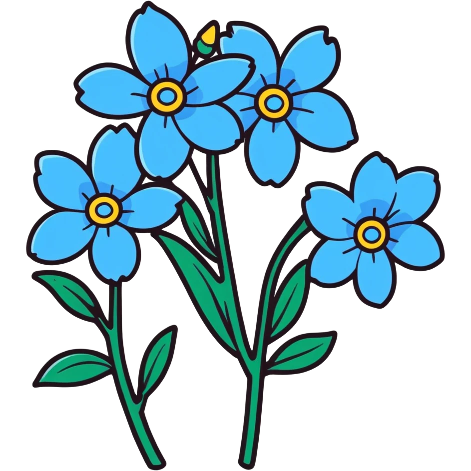 multiple blue flowers, cartoonish sticker style emoji