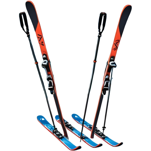 An icon featuring a pair of skis and ski poles in the foreground, set against a picturesque snow-covered slope. The background includes snowy peaks and evergreen trees, symbolizing the excitement and beauty of winter sports. Transparent background highlights the thrill of skiing and snowboarding. emoji