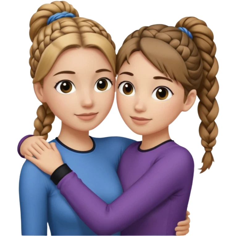 Hug two white skin women one taller with braided black side ponytail and one shorter with light brown hair in top ponytail  emoji