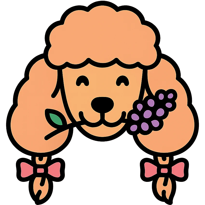 Peach-colored poodle with a narrow, short-haired face, hairstyle like Artemone. Long fluffy ears, each with a thin braid tied with a pink bow at the end. Happy face, smiling. A lilac branch in the mouth. emoji