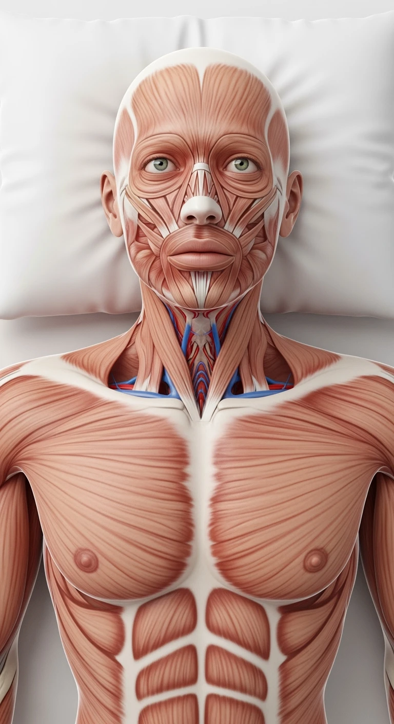 corpo umano anatomico realistico con la testa poggiata sul cuscino ma gli occhi aperti perché non riesce a dormire, visto dall'alto, sfondo bianco
IPERREALISTICO 4K emoji