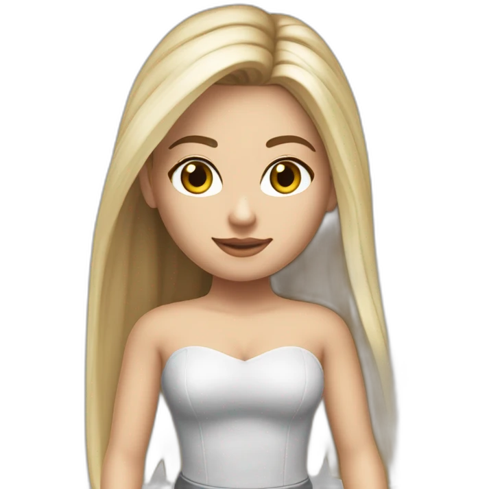 hyperrealist caucasian long straight hair blonde brown eyes strapless white low cut top gray tight mini skirt black shoes complete body emoji