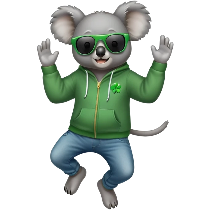 anthropomorphised koala, full body, wearing a hoodie and jeans, dark sunglasses, headphones, dressed for St. Patrick's Day, jumping emoji