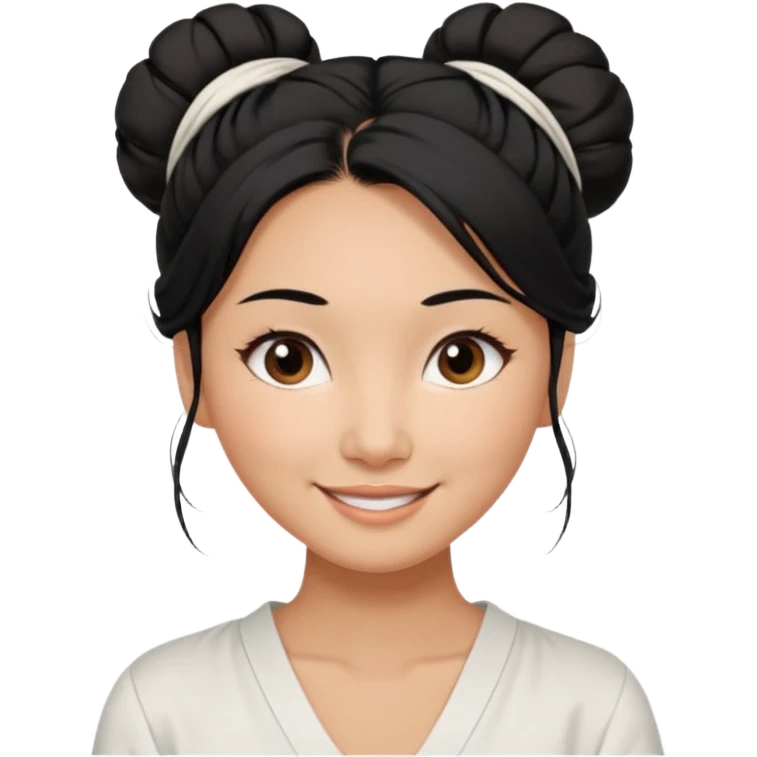 medium tan asian woman with long black hair tied in a high messy bun, round brown eyes, white v neck blouse. shes smiling and friendly. emoji