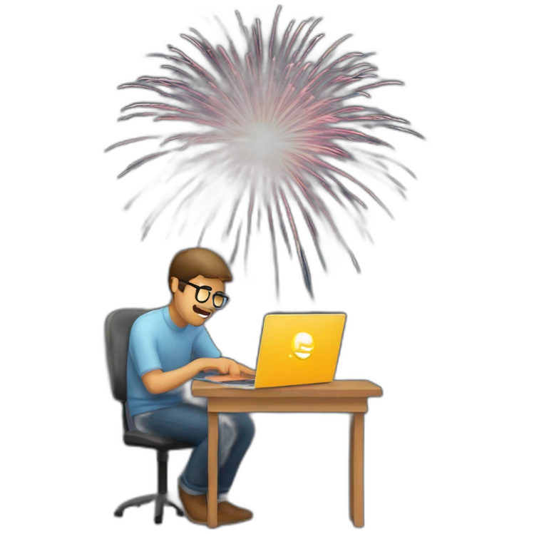 programmer working on laptop that shoots firework emoji