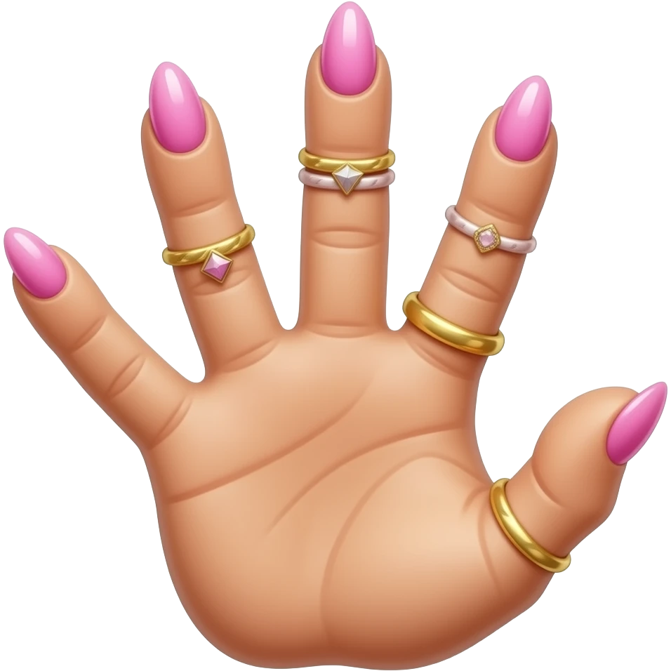 Hand doing claw sign with five fingers and pink almond nails with charms emoji