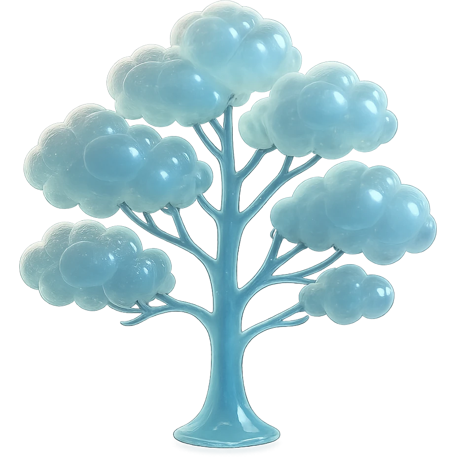 one tree with many branches and a white trunk, crown made of small very bright white fluffy convex clouds, matte glass style emoji