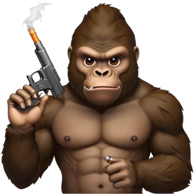 A gorilla smoking a blunt and holding a gun in the air emoji