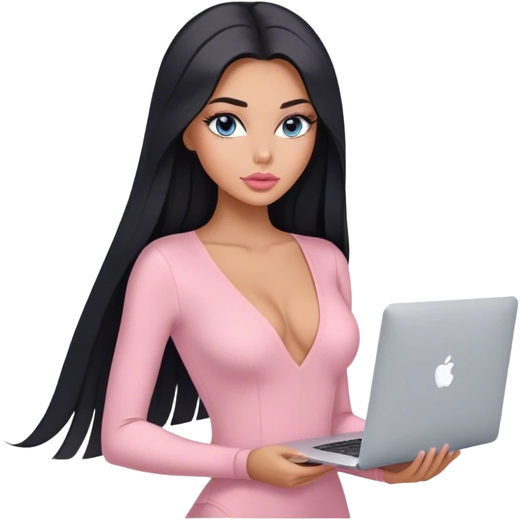 Glamours, tanned, very beautiful girl, with big pump peach-beige-rose lips, long lashes, black straight smooth silky long hair, straight parting hair, blue-grey eyes, in light-pink v-neck bodysuit holding MacBook emoji