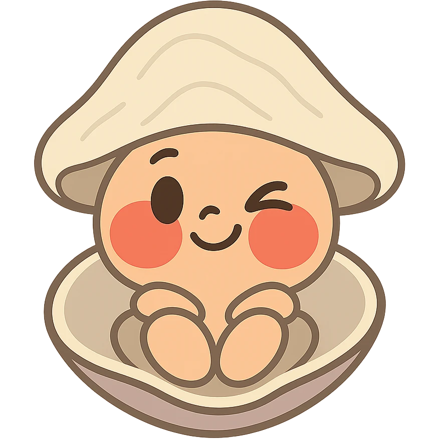 Create a cute oyster with a winking expression and very red cheeks, inspired by the reference image. Use pastel toon style with cream, greige, and peach colors. Transparent background. emoji