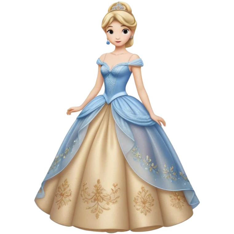 Cinematic Realistic Cinderella Portrait, depicted with lifelike skin texture, subtle rosy undertones, and soft natural lighting that enhances the gentle contours of her face. Her intricately detailed golden blonde hair is elegantly styled in an updo, with delicate wisps framing her face for added realism. Her deep, expressive blue eyes radiate warmth and sincerity, reflecting a quiet resilience and grace. She is dressed in her iconic ball gown, the fabric shimmering with intricate embroidery and fine translucent layers that catch the light beautifully. The soft sheen of satin gloves and the delicate sparkle of a glass-like slipper peeking from beneath her dress add a touch of magical realism. The portrait features an enchanting glow with a natural, luminous finish, seamlessly blending realism and fairytale charm to evoke a sense of depth, elegance, and timeless beauty. emoji