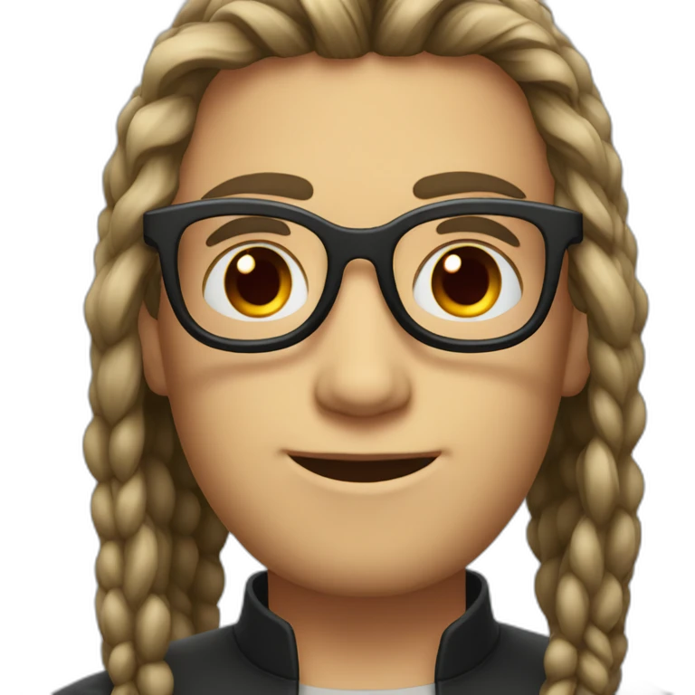 A boy with long tied hair and a beard with elongated glasses with black frames and red lenses emoji