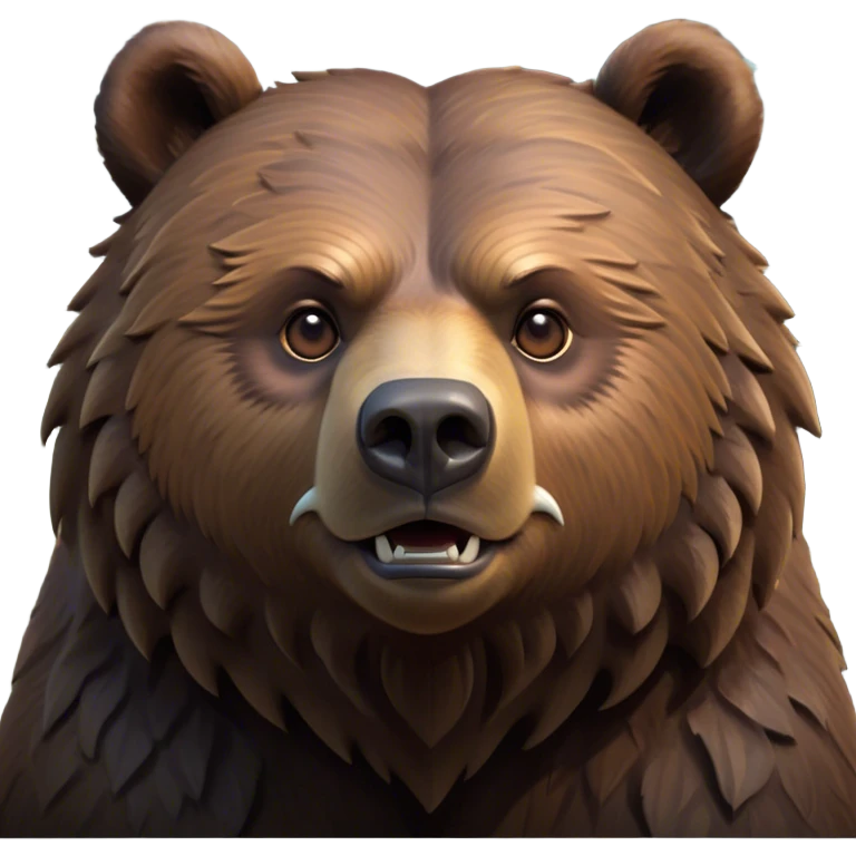 Cinematic Noble Grizzly Bear Portrait Emoji, Poised and regal, with a massive, powerful build and a thick, rugged deep brown fur, piercing deep-set soulful eyes, Simplified yet sharp and sophisticated features, highly detailed, glowing with a soft, dignified glow, high shine, intelligent and formidable, stylized with an air of untamed wilderness, focused and attentive, soft glowing outline, capturing the essence of a watchful and commanding guardian, so majestic it feels as though it could lumber out of the screen with effortless authority! emoji