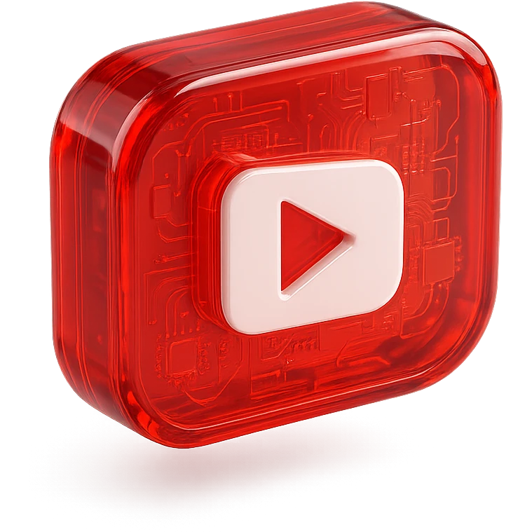 YouTube logo, white, centered, red background, glossy circuit style emoji