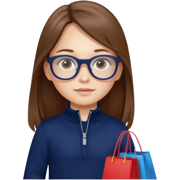 A little girl (he usually calls her baby), who is obsessed with shopping and luxury brands and holds a dozen of bags, she wears navy blue half zip sweater and holds 10 bags and she has long brown hair with Prada eyeglasses  emoji