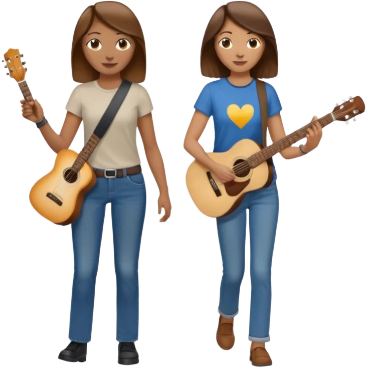 based on emoji style, like this "💁🏻‍♀️" "💁🏽‍♂️" "💁🏻", two people walking together. one is brown-haired woman, wearing business casual, holding a guitar. Another one is a non-binary person, wearing t shirt and jeans, and the second person doesn't have anything on their hands. emoji