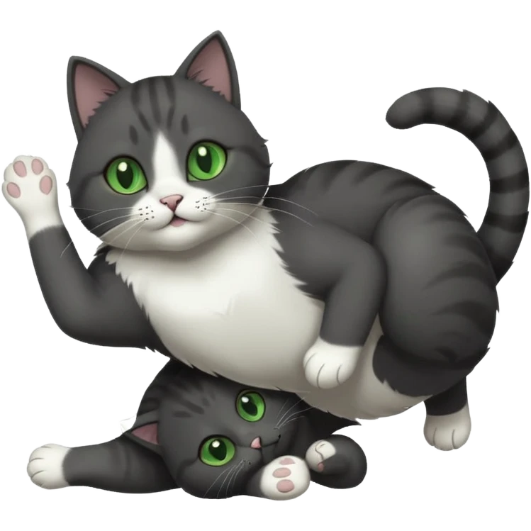 solid dark grey cat with green eyes, white toes/paws and white patch on her chest playfully rolling upside down emoji