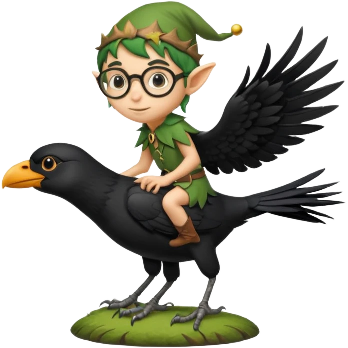 tiny forest elf with round glasses riding crow emoji