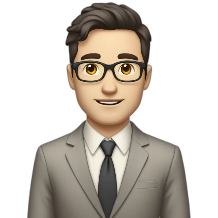 Full height Pale skinned Fit Man With dark brown hair in classic gray suit, beige office shirt, dark gray tie, and vintage glasses. His hands lock emoji