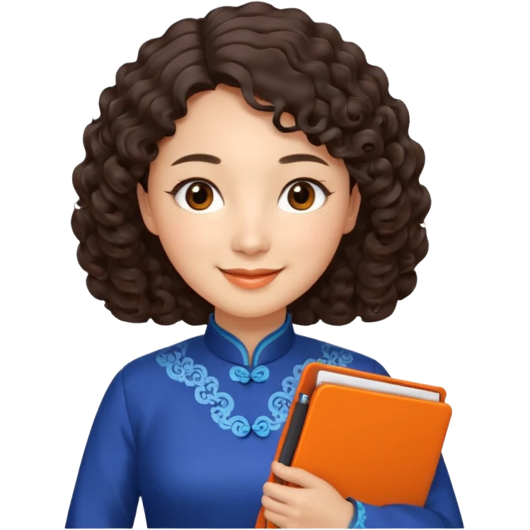 Teacher emoji but : curly/wavy dark brown hair, light skin, no glasses, dark eyes, with a computer folder in the hand (color is orange), being a teacher, wearing a chinese qipao ( dark blue)

 emoji