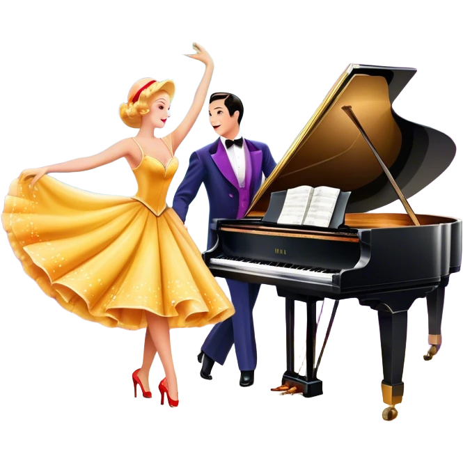 A vintage movie poster-style design featuring musical notes, a shining spotlight, and performers in glamorous costumes. Include elements like a dancing couple, a grand piano, and colorful stage lights. Retro cinematic flair with a lively and joyful atmosphere. Transparent background. emoji
