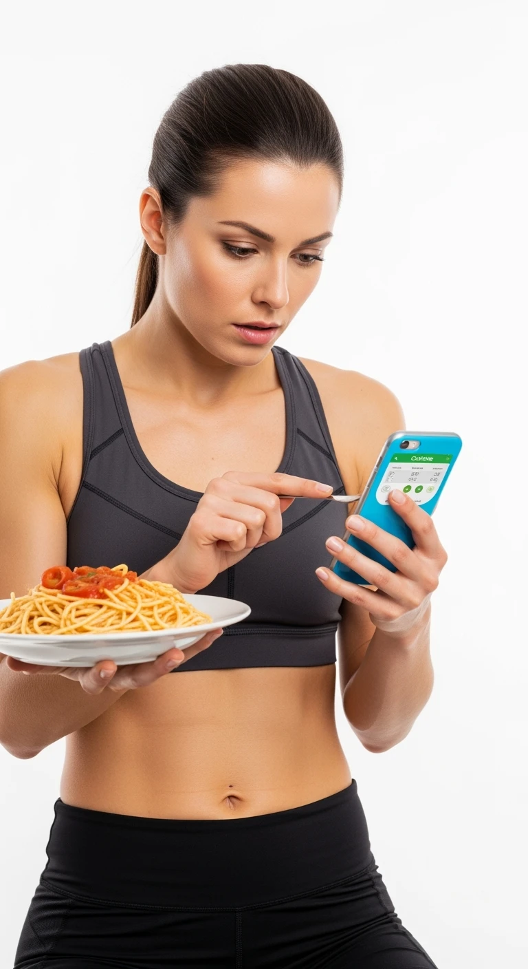 donna fitness che calcola ossessivamente le calorie di quello che sta mangiando: in mano ha un piatto di pasta e nell'altra mano ha lo smartphone per segnare tutti gli alimenti, sfondo bianco emoji