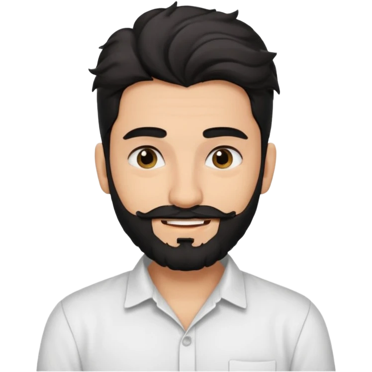 young fair skin Pakistani man smiling with black beard, wavy hair pushed back and squinted eyes and thick eyebrows emoji