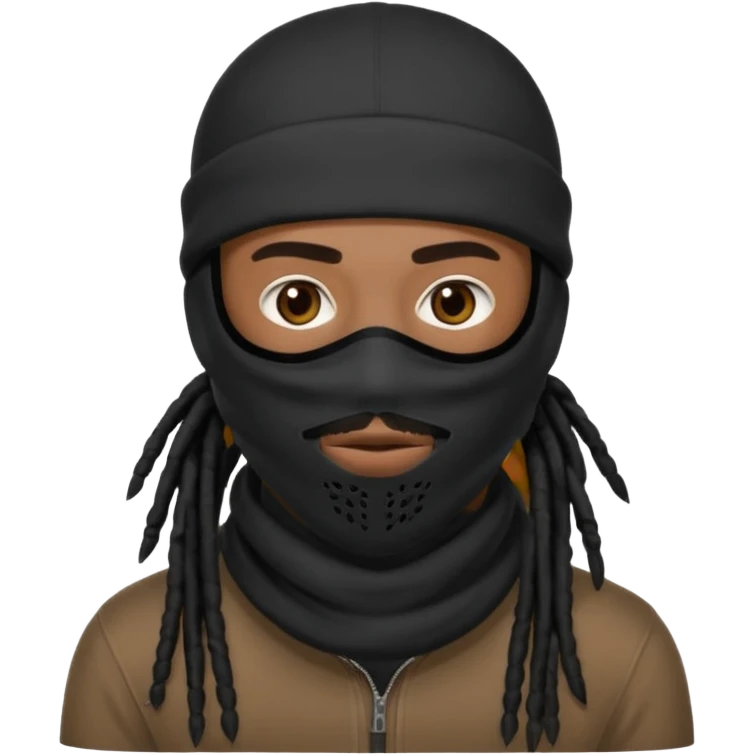 African American man with shoulder length black dreadlocks with black beard wearing a ski mask covering face emoji