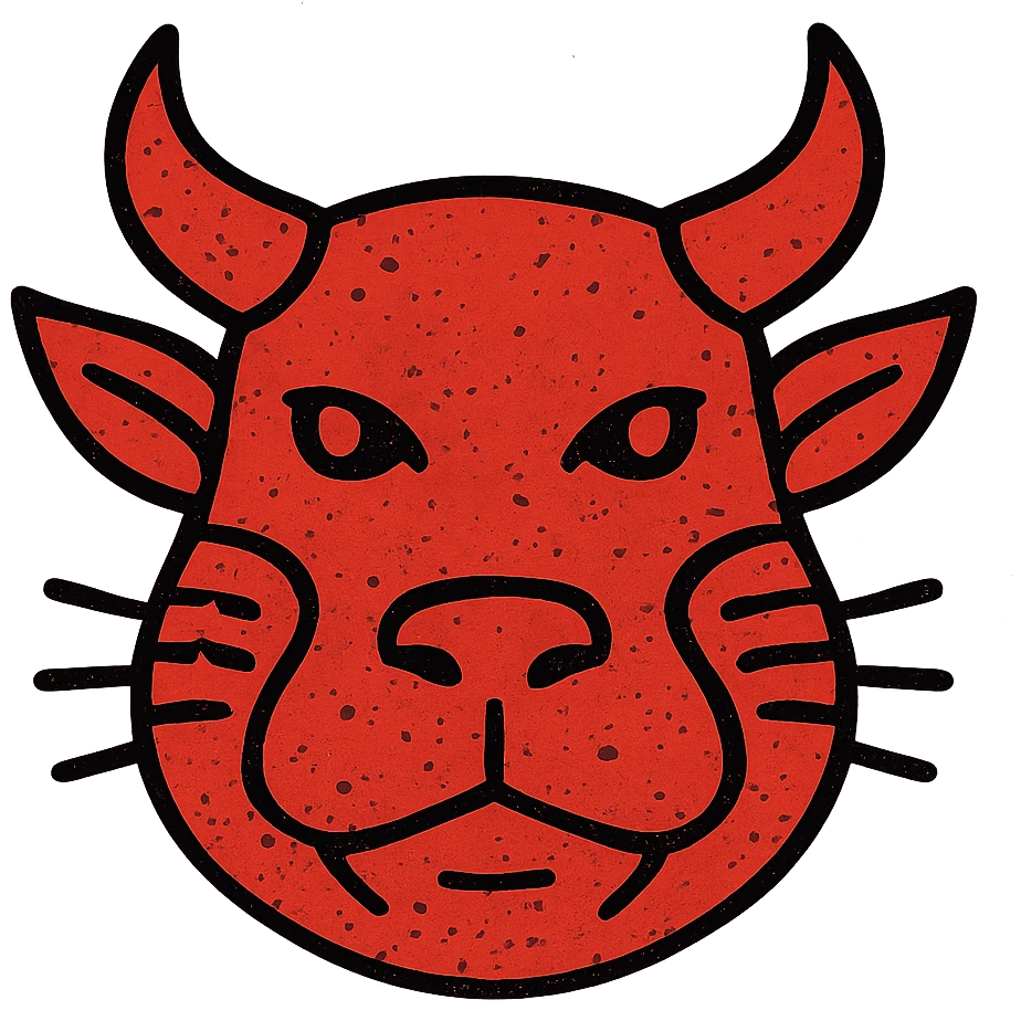 an extremely abstract, minimalist, and worn red icon combining: stoat eyes, minotaur skull horns, frog mouth, elf ears, moth wing textures as cheeks, cat whiskers, platypus bill as nose, and capybara head shape, all merged into one strange chimeric head, with scratched and weathered appearance, incomplete lines, and distressed texture, entirely red emoji