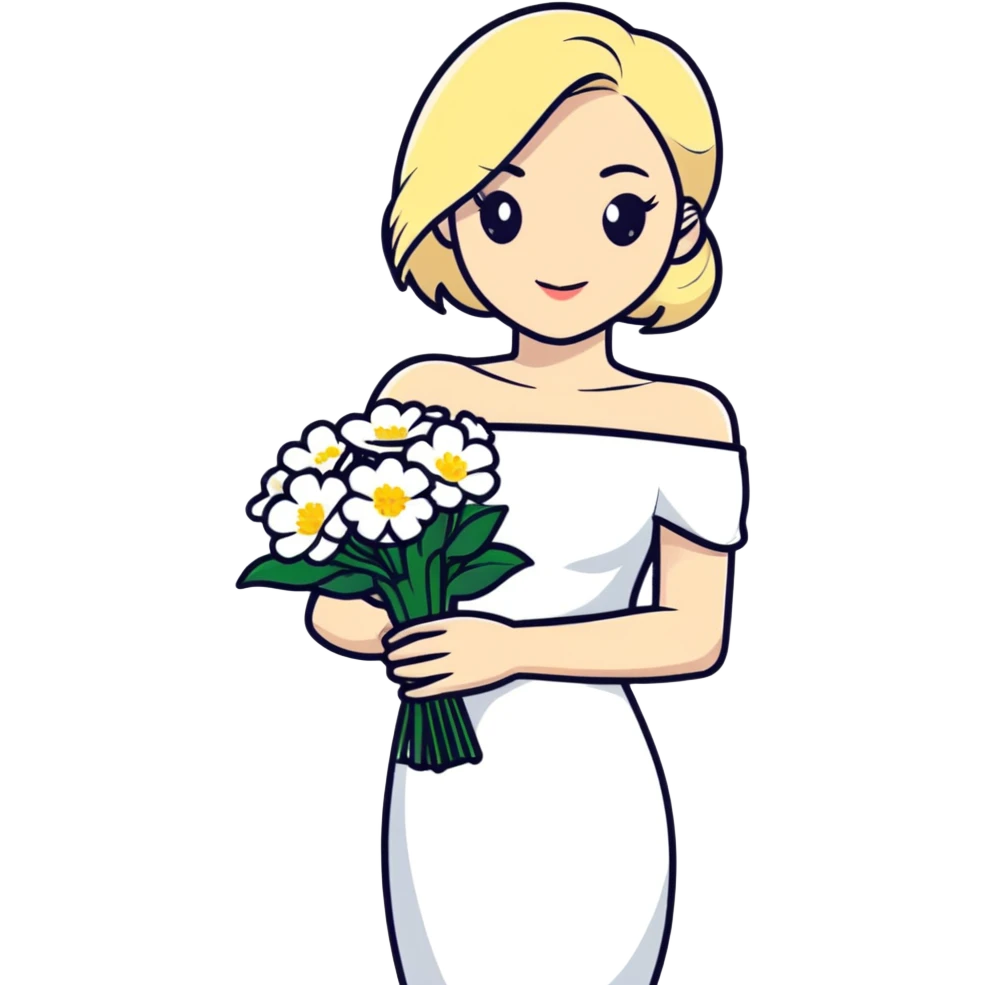 blonde woman in a white off-shoulder dress with a bouquet of white flowers in a white bag in her right hand emoji