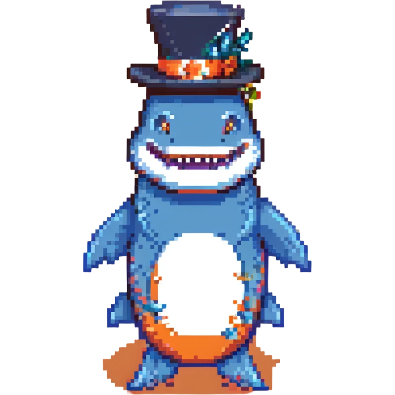 pixel art shark, blue, with a tall tophat emoji