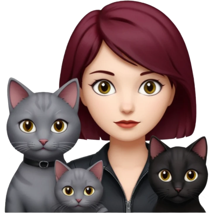 femme  yeux gris, cheveux court bordeaux, cuir noir, avec chat poils longs gris clair et chat poils ras noirs emoji