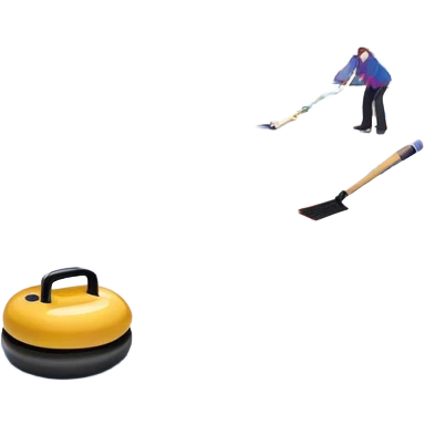 please, An icon featuring the curling rink, with its distinctive circles, and a vibrant crowd in the stands. Snowflakes fall outside the arena, and bright lights illuminate the ice. a curling stone sliding across the ice, with a broom nearby. Transparent background. emoji