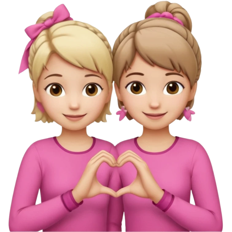 Two best friends making a heart shape with their hands together. One of them has blond hair which is shorter and the other has brown hair tied up. They are both wearing pink outfits. emoji