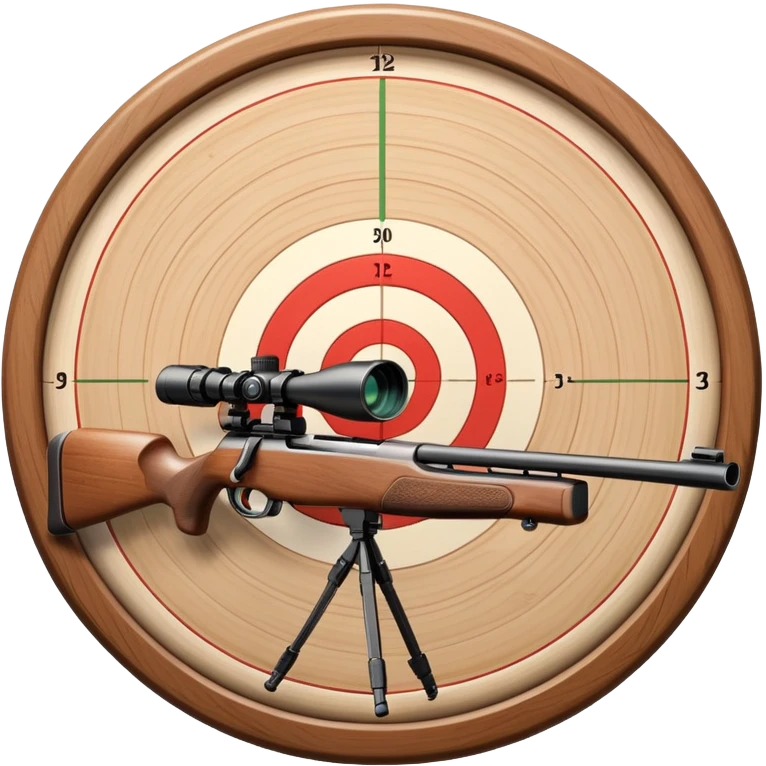 A detailed rifle with a scope, pointing towards a perfectly centered target with concentric rings. The scene highlights the precision and focus required in sports shooting, with no shooter in sight, just the rifle and target in a calm, focused setting. emoji