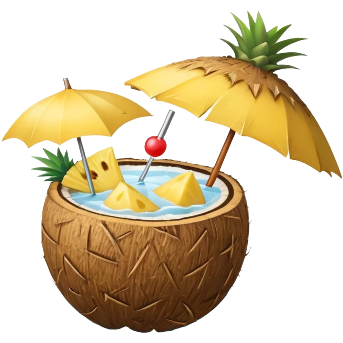 A tropical cocktail served in a coconut shell with a mini umbrella and pineapple.
 emoji