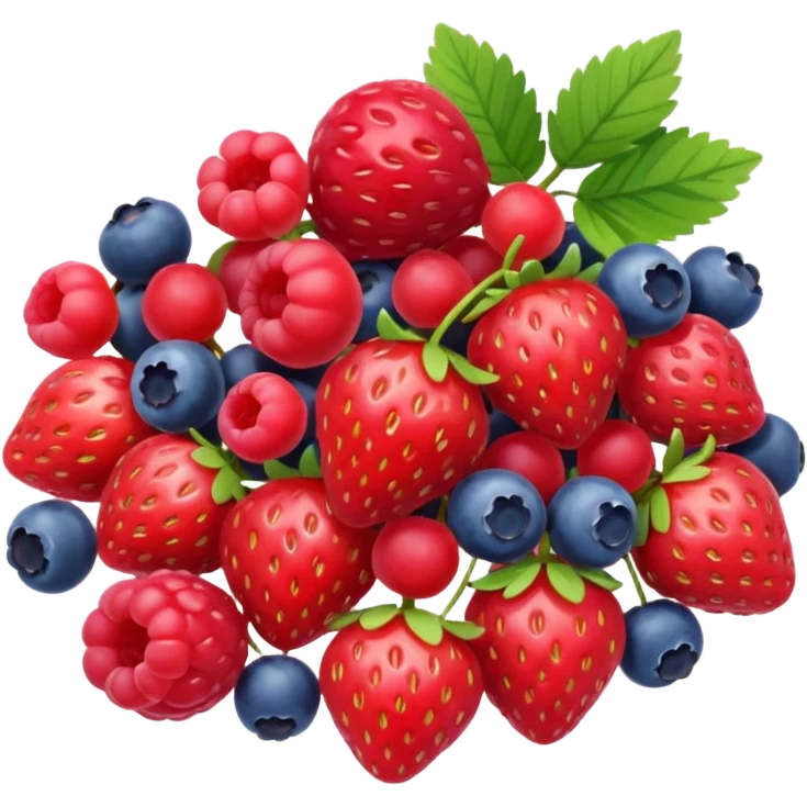 mixed berries cluster (strawberries, raspberries, red currants, blueberries), realistic, 3D, no faces, no bowl, transparent background emoji