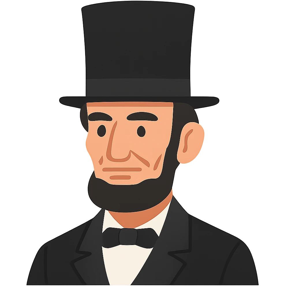 flat toon style simplified features portrait of Abraham Lincoln with top hat emoji