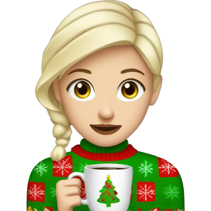 Short haired blonde girl with green eyes drinking coffee wearing Christmas sweater emoji