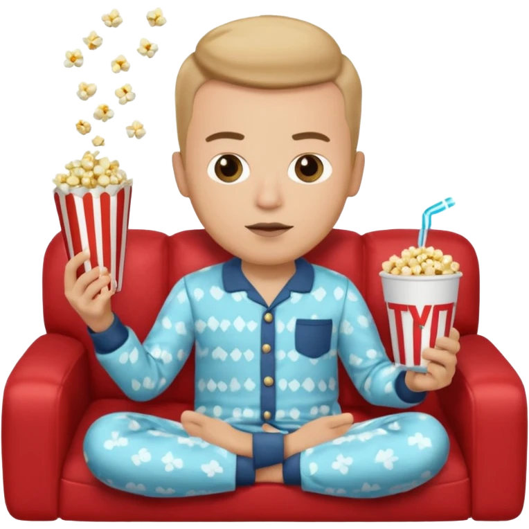 male memoji, in pajamas, sitting on couch, holding TV remote controller, relaxed face, casual home vibe, popcorn bucket on couch emoji
