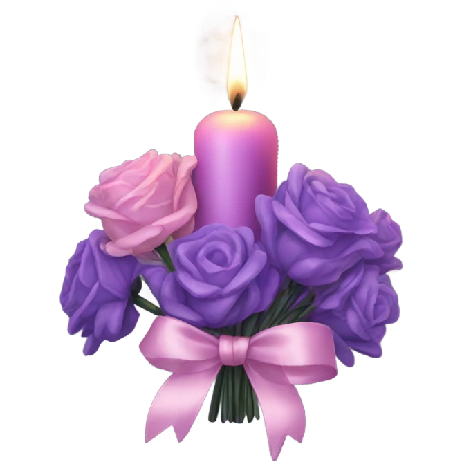 a beautiful aesthetic bouquet of dark purple and light pink lavender tied with a silk purple ribbon and next to it a pink decorative candle  emoji