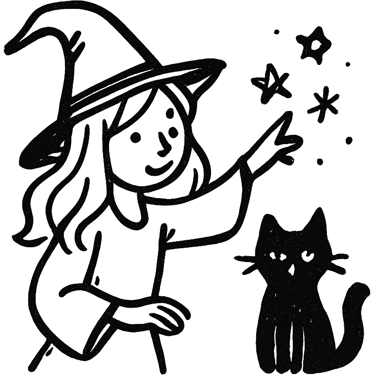 A detailed illustration of a blonde witch with a black cat, casting a spell emoji