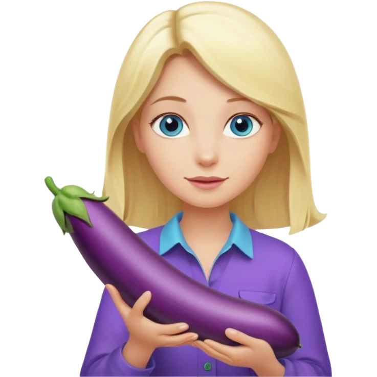 Blonde long hair girl, blue eyes, holding a long eggplant with both hands emoji